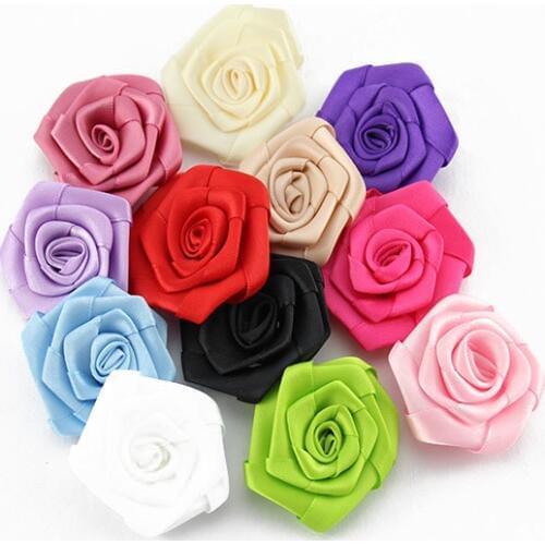 120pcs/lot 1.9" 12colors Mini Satin Ribbon Rose Flowers For Girls Hair Accessories Artificial Fabric Flowers For Kids Headbands