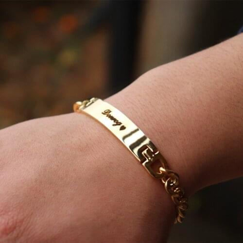 Engrave Name Bracelets Bangles Stainless Steel Custom Jewelry Thick Bar Cuban Chain Personalized Name Bracelet Men Punk Bijoux