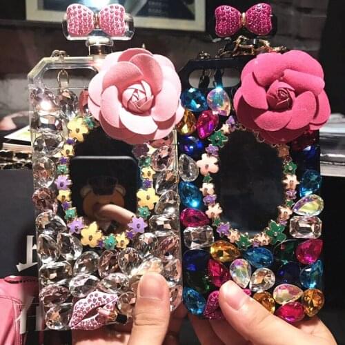 Bling Colorful Diamond Flower Mirror Camellia Perfume Bottle Case Cover For Iphone 12 Mini 11 Pro XS Max XR X 8 7 6 6S Plus SE