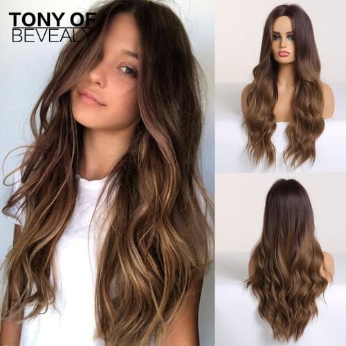 Long Water Wavy Synthetic Wigs Ombre Brown Middle Part Natural Hair Wigs For Women Cosplay Wigs Heat Resistant Fiber