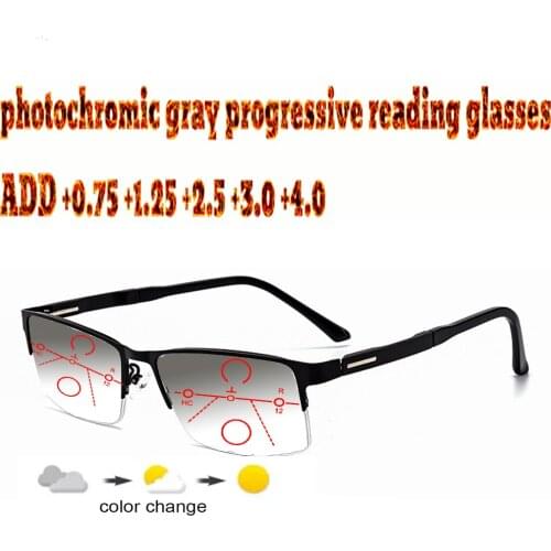 Photochromic Gray Progressive Multifocal Reading Glasses Business Men Halfrim Frame Tr90 +1.0 +1.5 +1.75 +2.0 +2.5 +3 +3.5 +4