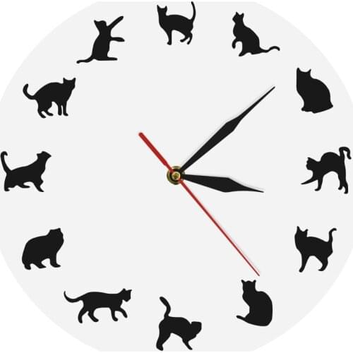 Fuuny Kittens Different Poses Girls Room Wall Decor Cats Meow Wall Clock Black Cats Silhouette Kitty Lovers Modern Wall Clock