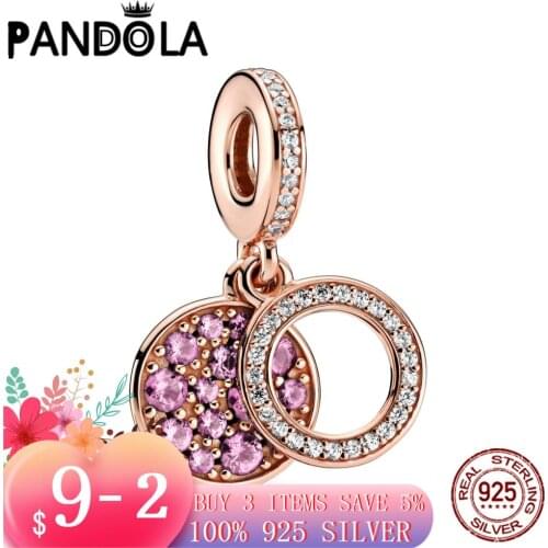 Hot 100% 925 Sterling SILVER charms Sparkling Pink Disc Double Dangle Charm fit Original Pandora Bracelet silver 925 jewelry