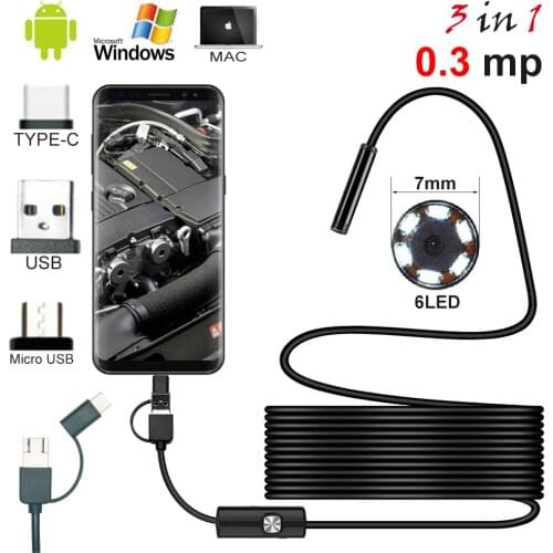 USAFEQLO 7mm Endoscope Camera USB Android Endoscope Waterproof 6 LED Borescope Inspection Camera For Android PC TYPEC 480P 0.3MP