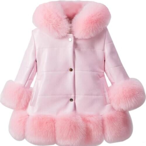 Baby girl PU Leather Patchwork Fox Faux Fur Collar Jacket Coat Princess Winter Thicken Outerwear children