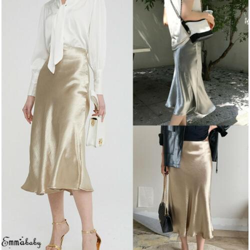 Hot Ladies Satin Shiny A-line Pleated Skirt Retro High Waist Flared Swing Sun Glossy Skirt Autumn Skirts