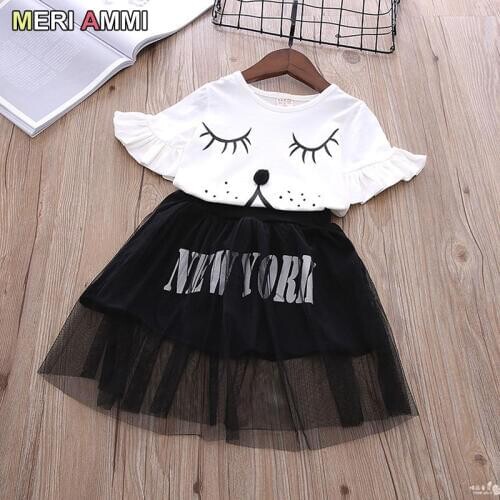 MERI AMMI 2 pcs Set Children Girl Clothing Outfit Set Short Cartoon Dog Face Tee +TuTu Skirts For 2-13 Year Girl