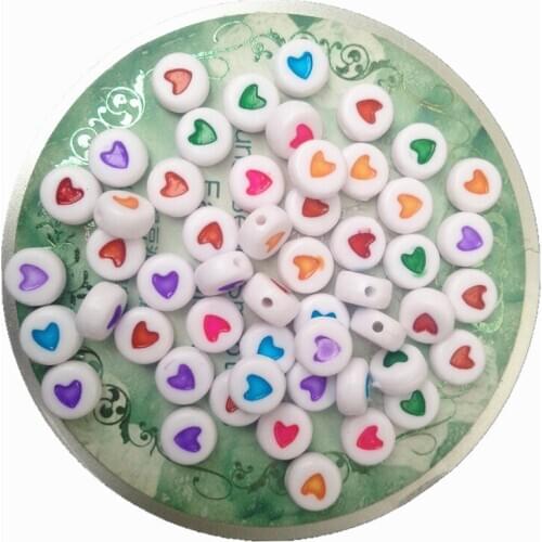 Mini Order 500pcs/Lot 4*7MM Flat Coin Round Shape Love Heart Printing Acrylic Beads Plastic Acrylic jewelry Necklace Spacer Bead