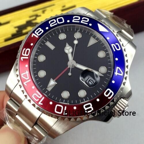 Sapphire Glass BLIGER 43mm Black Sterile Dial Blue Red Bezel GMT Function Luminous Marks Automatic Movement Mens Watch