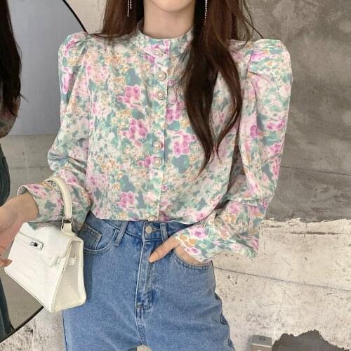 Autumn shirt new loose retro flower print pearl inlay buckle was thin open needle bubble sleeve blouse