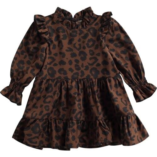 Toddler Leopard Print Dress, Baby Girls Casual Long Sleeve Ruffle Neckline Gown 2-7T