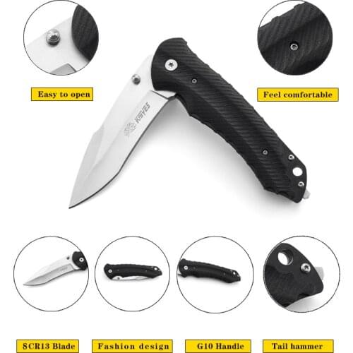 Folding Knife 8Cr13 Blade G10 Handle Outdoor Pocket Knife Fishing EDC Knives for Self-Defense Survival Climbing Riding Camping