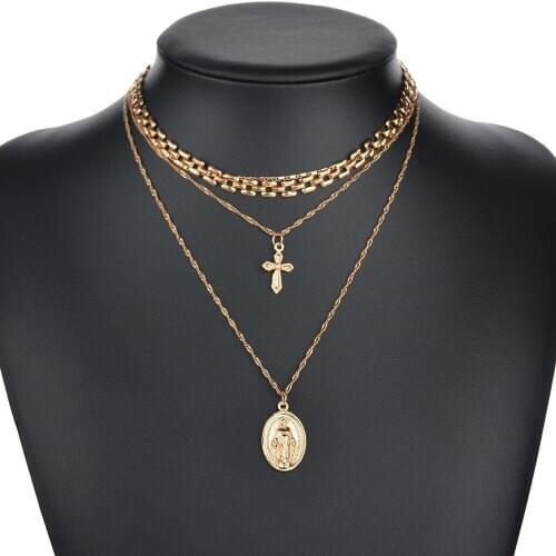 Vintage Cross Jesus Portrait Relief Pendent Necklace Religious Multiple Chains Necklace for Women Men Girls Collar Jewelry Gift