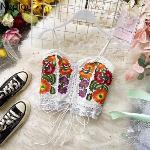 Neploe Boho Embroidery Flower Women Tanks Camis Sleevelss Knitted Fashion Summer Vest 2021 New Short Slim Chic Lady Tops 1C384