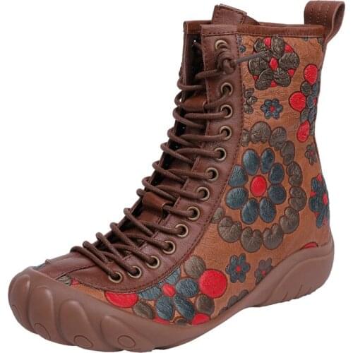Vintage Ankle Boots Women Shoes Genuine Leather Lace Up Motorcycle Boots Spring Autumn Boot Boats Mujer Enthic Flower Short Boot