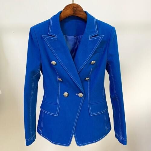 HIGH STREET New Fashion 2020 Designer Blazer Womens Top Stitching Contrast Lion Buttons Double Breasted Denim Blazer Jacket
