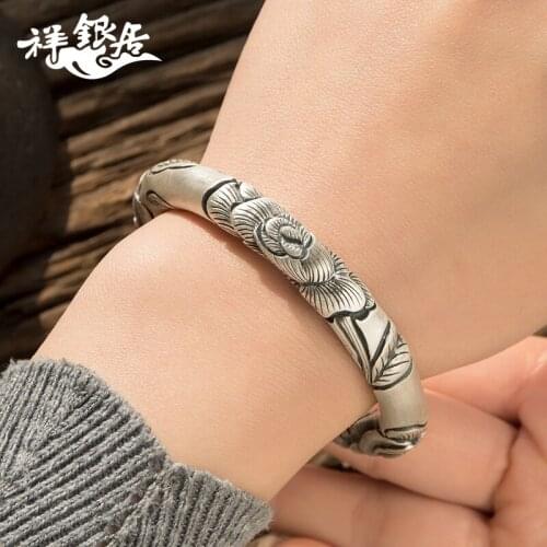 Peony Flower Silver Bracelet female 999 full silver opening silver bracelet for mother and wife pure silver bracelet
