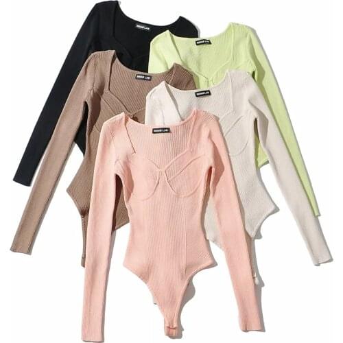 Autumn Winter One Piece Women Fashion Knitted V Neck Long Sleeve Black White Green Pink Brown Top Bodysuit Bodycon Jumpsuit