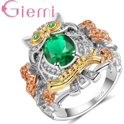 Top Quality 925 Sterling Silver Owl Shape Inlaid Colorful Cubic Crystal Unique Design Ring For Women Girl Fashion Jewelry