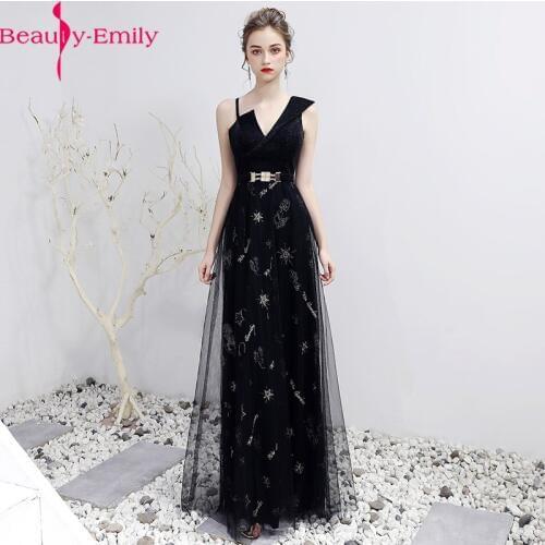 Beauty Emily Romantic V Neck Sleeveless Lace Evening Dress Long Tulle Spaghetti Strap Zipper Back Appliques Dress with Sashes