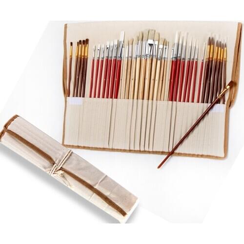 38 pcs/set Paint Brushes with Canvas Bag Case Long Wooden Handle Synthetic Hair Art Supplies for Oil Acrylic Watercolor Painting