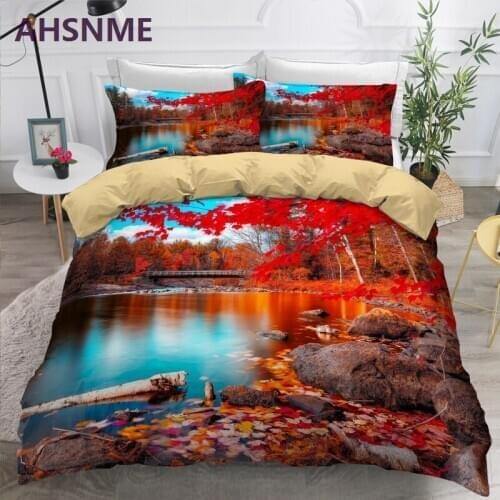 AHSNME 3D Autumn Deep Forest Scenic Bedding Set Red Forest Quilt Cover With Pillowcase No Sheets Comforter Bedding Sets Queen