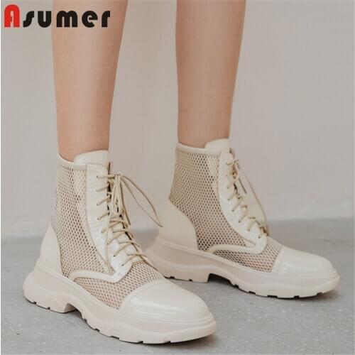 Asumer 2020 new arrive sneaker women ankle boots patent leather fashion mesh summer boots casual flat platform shoes ladies
