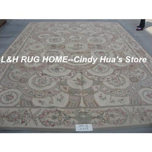 Free shipping 11'x15' Aubusson design woolen carpe, aubusson design carpet for home decoration light color