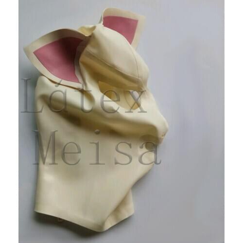 Fetish latex hoods attached pink ears open nostrils mouth and eyes with back zip