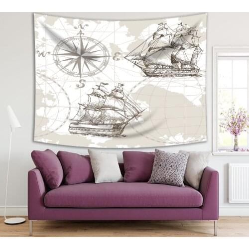 Tapestry Compass and Sailing Ships on World Map Background Monochromic Vintage Style Artwork Beige White