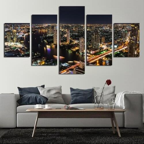 City Scene Night View Landscape Canvas Poster 5 Pieces Wall Art Print for Home Decor Modern Picture Wall Decoration