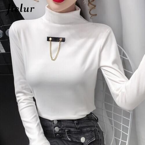 Jielur Solid Color T shirt Women 2021 White Green Casual Tops Autumn Vintage Turtleneck Fleece Long Sleeve T-shirt Femme S-XXL