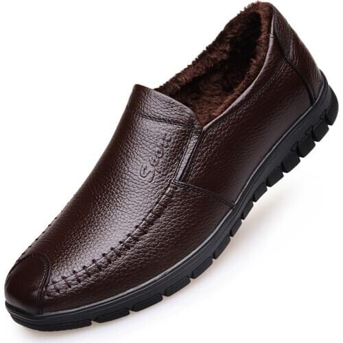 JINANDYU Brand Genuine Leather Shoes Men Winter Shoes Men Loafers Casual Driving Shoes Male Warm Black Mens Winter Boots Flats