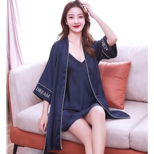 2PCS Robe Set Sexy Women Silk Satin Kimono Bathrobe Gown Intimate Lingerie Silky Nightwear Sleepwear 2020 New Nightgown