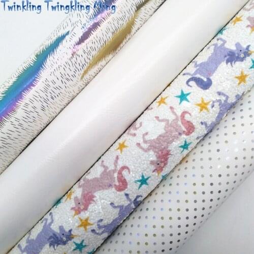 Unicorn Printed Chunky Glitter Fabric, Dold Dots EmbossedFaux Synthetic Leather Fabric For Bow 21x29CM Twinkling Ming KM426