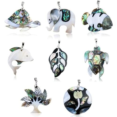 Natural White Mother of Pearl Shell Animal Pendant Elephant Turtle Fish Abalone Tree Leaf Charms Flower DIY Necklace Jewelry