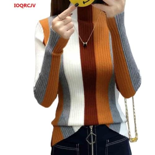 Striped Sweater Contrast Color Women Knit Pullovers 2019 Autumn Long-sleeved Knitwear Ladies Turtleneck Sweater Casual Tops W342