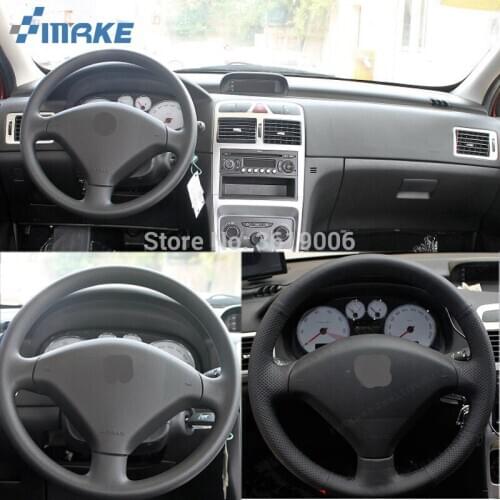 SmRKE For Peugeot 307 Hand-stitched Anti-Slip Black Leather Black Thread DIY Steering Wheel Cover