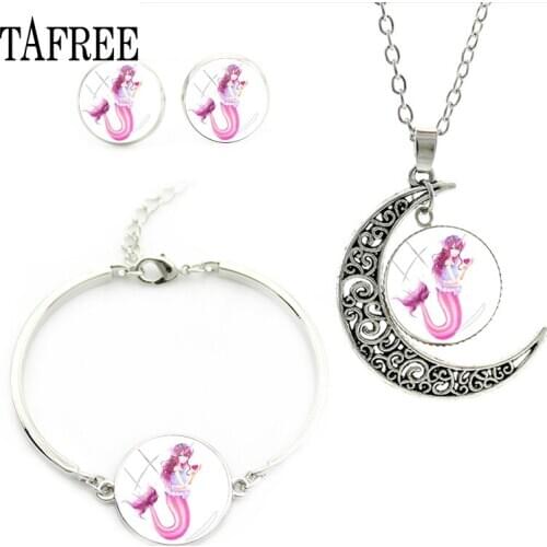 TAFREE Mermaid Elves Art Jewelry Sets Statement Necklaces Stud Earrings Bracelets Delicate Exquisite Jewelry Set For Women Girls