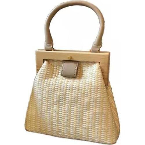 Summer Straw Bag Women Fashion Wood Clip Bag Lady Shoulder Bag Vacation Travel Beach Bag Luxury Handbags Designer Purse