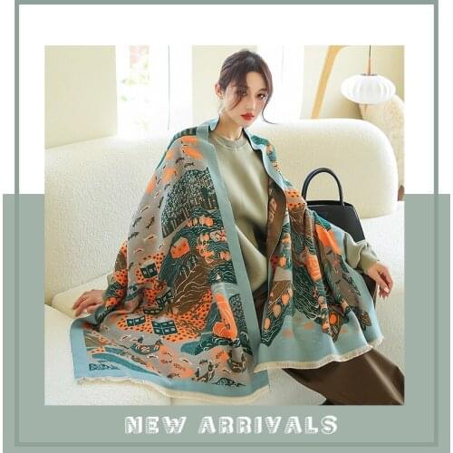 KOI LEAPING European and American style ladies fashion popular landscape pattern printing cashmere shawl warm scarf best gift