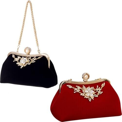 Female Diamond Pearl Handbag Vintage Crystal Flower Evening Bag Wedding Party Bride Clutch Bag Purse