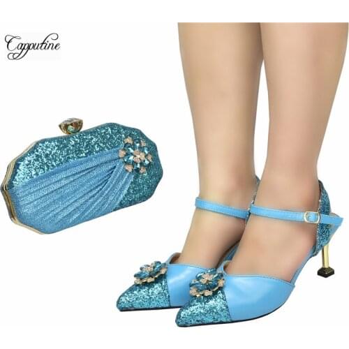Sky Blue Ladies Pumps And Purse Bag Set to Match Italian Design Sky Blue Women High Heels Shoes With Clutch Handbag 938-16 8CM