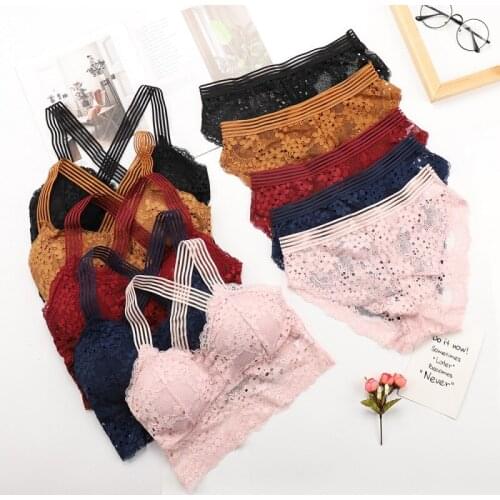 Women Lace Wire Free Bra Set Solid Color Cross Back Breathable Strechy Strap Anti-light Knitted Padded Bras Sets