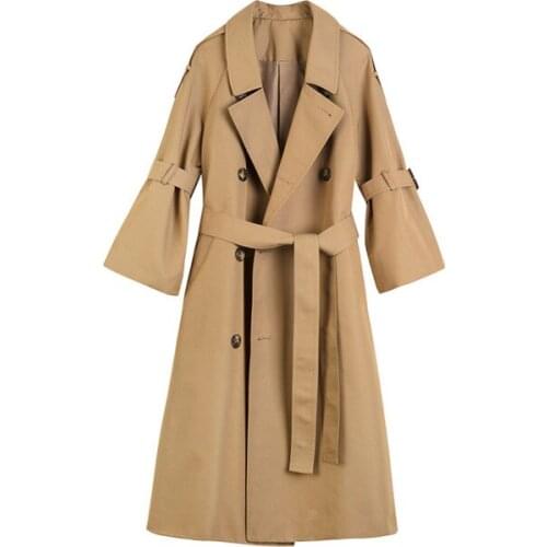 Women Fashion Casual Solid Color Double Breasted Outwear Office Ladies Chic Korean Style Design Long Trench Coat Female