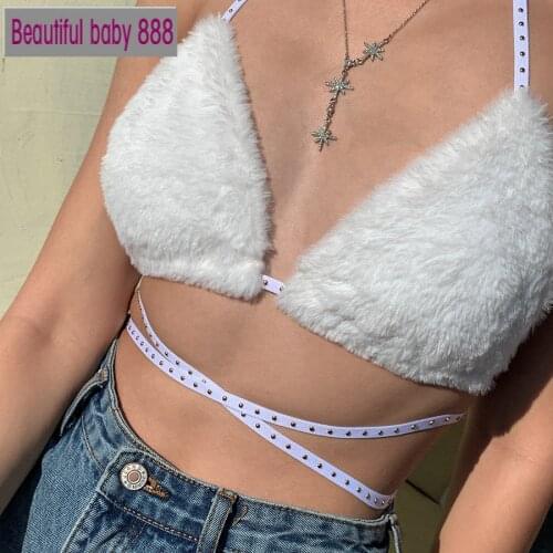 Meqeiss hairy cute sweet white sling tank tops women camisole high quality sexy hollow crop tops 2021ladies club party night top