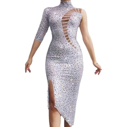 Sparkling Shining Hollow Out Diamonds Asymmetrical One Off Shoulder Dress Party Birthday Wedding Literary Women Dress