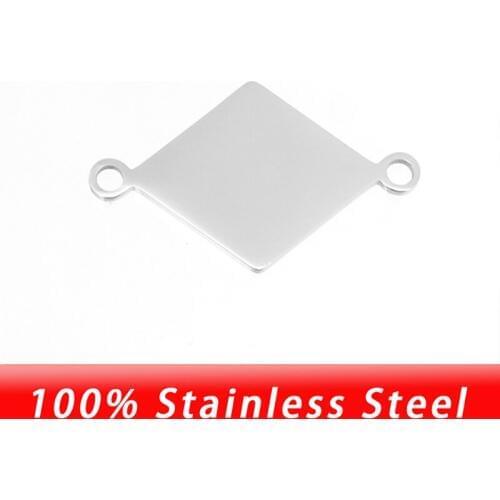 100% Stainless Steel 25mm Blank Rhombus Tag Silver Color 2 Hole Charms Pendants Bracelet Connector Wholesale 10pcs