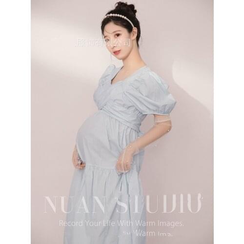 2021 Pregnant womens maternity fold baby shower bodycon dress pencil frilly sleeves powder blue dress