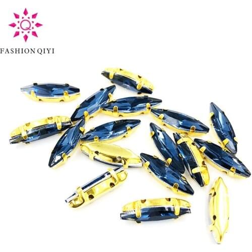 4x15mm Ink blue Horse eye shape 50pcs Glass Crystal Gold bottom sew on claw rhinestones with holes diy Sewing On Garment